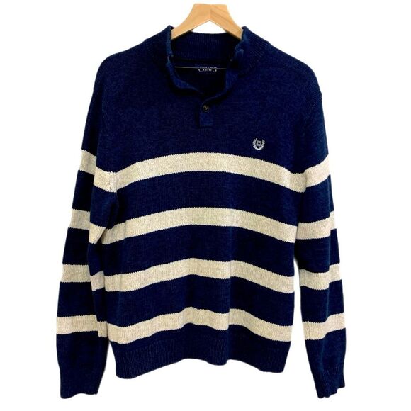 CHAPS BY RALPH LOREN Cotton Sweater Men’s L Navy Blue White Striped 2 Button. - Picture 1 of 13